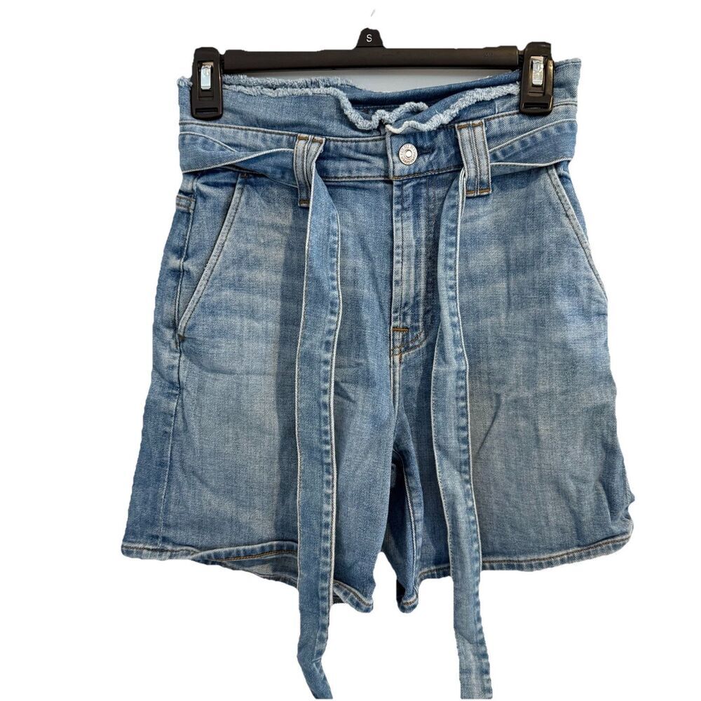 7 For All Mankind Denim Paper Bag Shorts Tie Waist High Rise Jean Shorts Sz 24